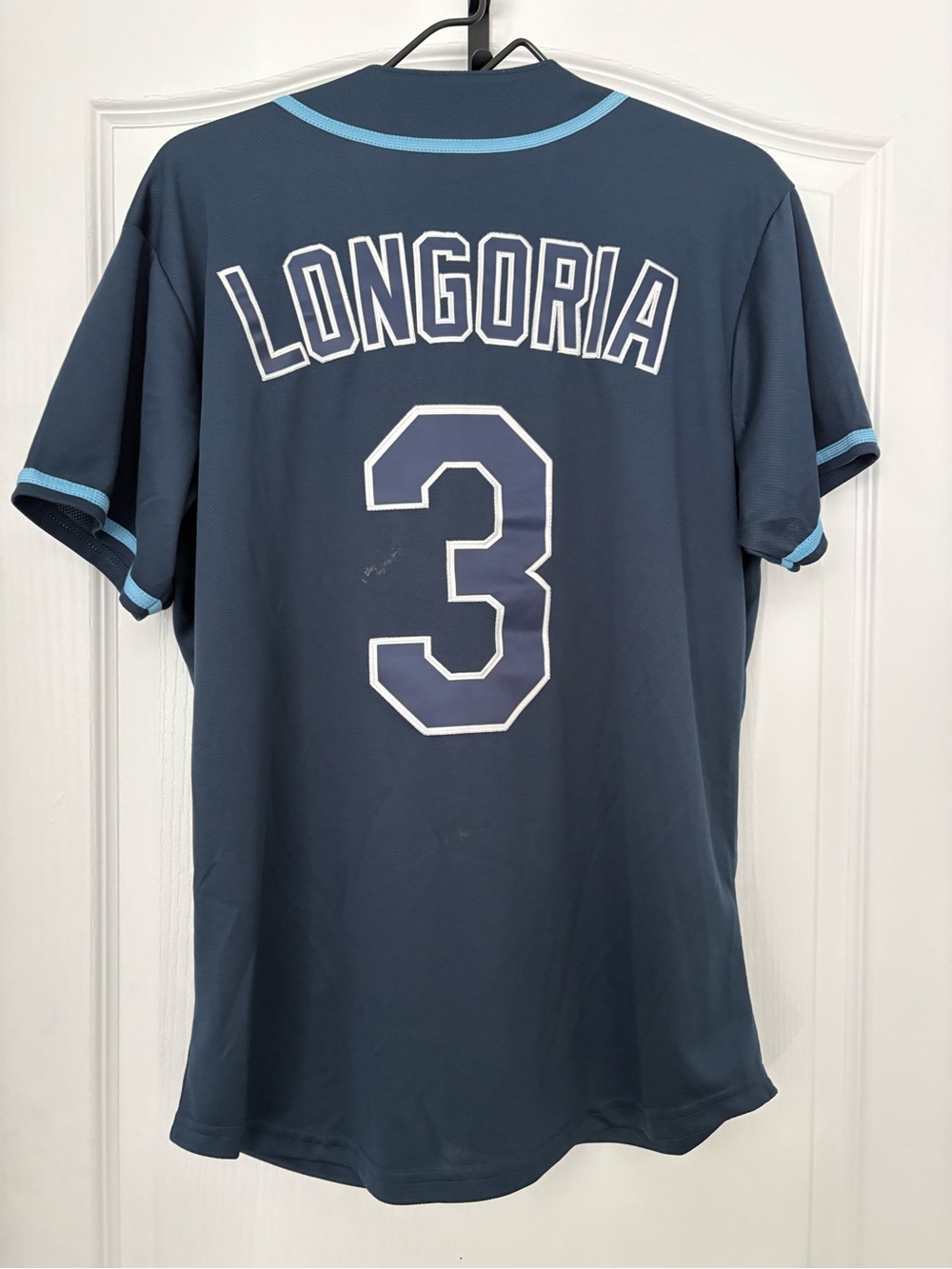 Navy Men's Jersey Shirt with Light Blue Trim and 'Longoria 3'